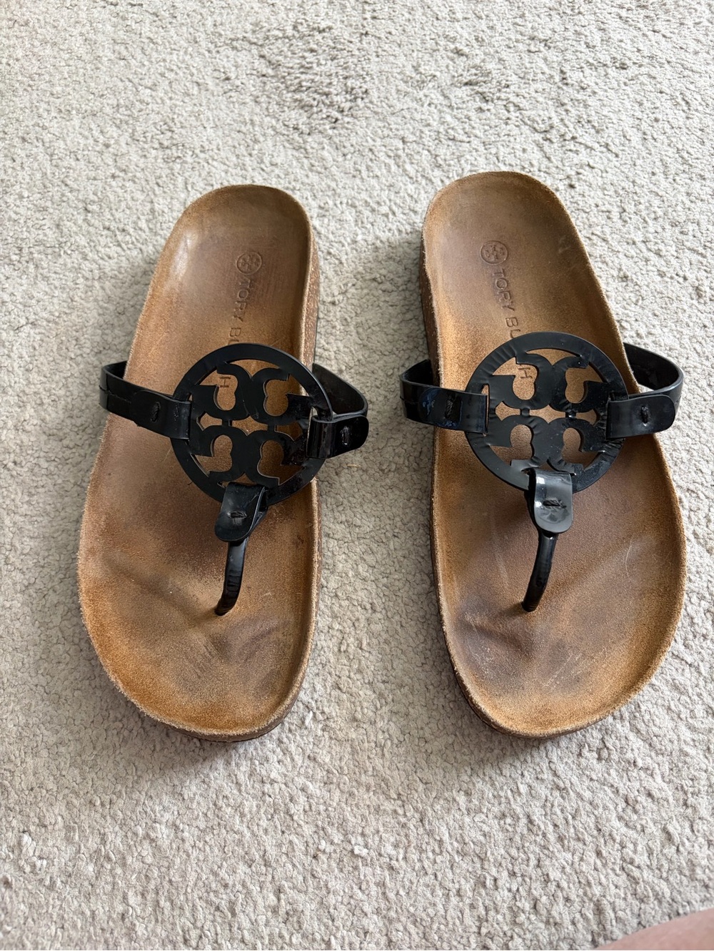 Tory Burch Miller Cloud Black Patent Leather Sz 8 Sandal w/ Brown Cork Footbed